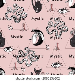 Seamless vector illustration of snakes, heart, alchemy, witchcraft, magic. The pattern is mystical, abstract as a blank for a designer, textiles, bed