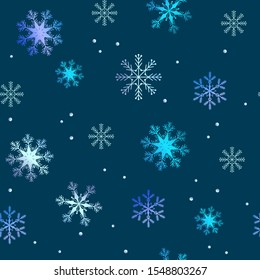 Seamless vector illustration. Snowflakes on a dark background. For decorating textiles, packaging, postcards.