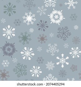 Seamless vector illustration of snowflakes on a gray background. For decorating textiles, packaging.