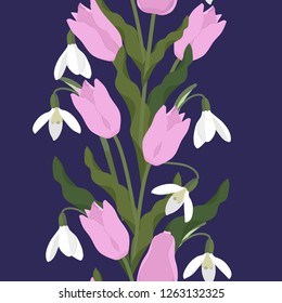 Seamless vector illustration with spring flowers tulips and snowdrops on dark background. Vertical. For decorating textiles, packaging, covers, wallpapers.