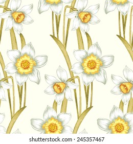 Seamless vector illustration. Spring flowers daffodils. Design for paper, textile, fabric, web, packaging.