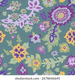 Seamless vector illustration with stylized botanical blossoms and leaves in decorative folk style on teal background, great for fabric and wallpaper.