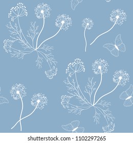 Seamless vector illustration of stylized dandelions, meadow grasses and butterflies. For decorating textiles, packaging and wallpaper.