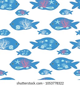 Seamless vector illustration of stylized fish on white background. For decorating textiles, packaging and web design.