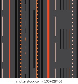 Seamless vector illustration of stylized road and highway pattern with dotted lines, rectangles and stripes. This bright stylish seamless repeat pattern is perfect for gift, cards, wallpaper,