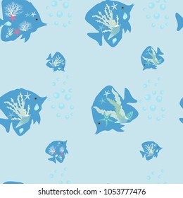 Seamless vector illustration of stylized sea fish on a blue background. For decorating textiles, packaging and wallpaper.