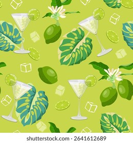 Seamless vector illustration with summer cocktails and lime with tropical leaves. For textile decoration, packaging.
