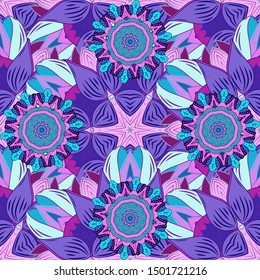Seamless Vector illustration. Summer composition. Frame made of autumn colorful leaves on blue, pink and violet background. Flat lay, top view,