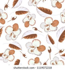 Seamless Vector illustration. Summer hawaiian seamless pattern with tropical plants and brown and white hibiscus flowers.