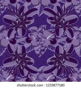 Seamless Vector illustration. Summer hawaiian seamless pattern with tropical plants and violet, brown and purple hibiscus flowers.