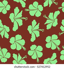 Seamless Vector illustration. Summer hawaiian seamless pattern with tropical plants and brown and green hibiscus flowers.