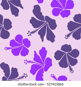 Seamless Vector illustration. Summer hawaiian seamless pattern with tropical plants and violet and neutral hibiscus flowers.
