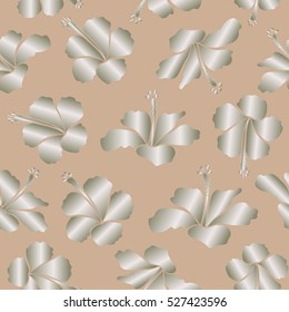 Seamless Vector illustration. Summer hawaiian seamless pattern with tropical plants and neutral and beige hibiscus flowers.