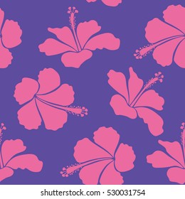 Seamless Vector illustration. Summer hawaiian seamless pattern with tropical plants and pink and violet hibiscus flowers.