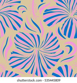 Seamless Vector illustration. Summer hawaiian seamless pattern with tropical plants and blue, pink and beige hibiscus flowers.