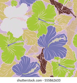 Seamless Vector illustration. Summer hawaiian seamless pattern with tropical plants and violet and green hibiscus flowers.