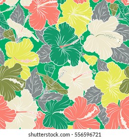 Seamless Vector illustration. Summer hawaiian seamless pattern with tropical plants and pink, green and yellow hibiscus flowers.