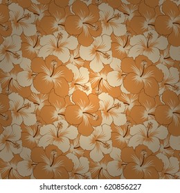 Seamless Vector illustration. Summer hawaiian seamless pattern with tropical plants and orange, brown and beige hibiscus flowers.