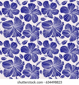Seamless Vector illustration. Summer hawaiian seamless pattern with tropical plants and blue and neutral hibiscus flowers.