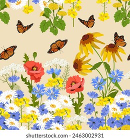 Seamless vector illustration with summer meadow plants and butterflies. Floral natural pattern. For decoration textile, packaging.