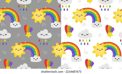 seamless vector illustration with sun and rainbow pattern