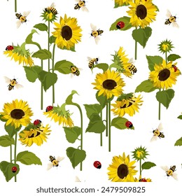 Seamless vector illustration with sunflowers, bees and ladybirds on a white background. For decorating textiles, packaging, wallpaper.