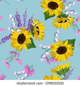 Ilustración vectorial sin foco con girasoles, campanula y lupino sobre un fondo azul. Para decorar textiles, embalajes, papel pintado