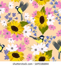 Seamless vector illustration with sunflowers, campanulas and titmouse on a beige background. For decorating textiles, packaging, wallpaper.