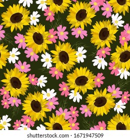 Ilustración vectorial transparente con girasoles. Para decorar textiles, embalajes, papel pintado.