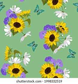 Seamless vector illustration with sunflowers, field flowers and butterflies on a green background. For decorating textiles, packaging, wallpaper.