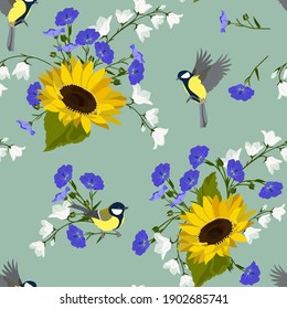 Seamless vector illustration with sunflowers, flax, bell flowers and titmouse. For decorating textiles, packaging, wallpaper.