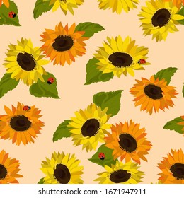Seamless vector illustration with sunflowers and ladybirds on a beige background. For decorating textiles, packaging, wallpaper.