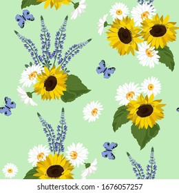 Seamless vector illustration with sunflowers, lupine, chamomile and butterfly on a green background. For decorating textiles, packaging, wallpaper.