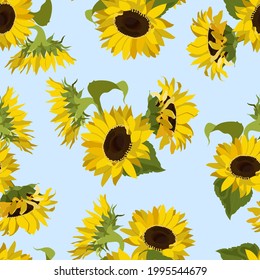 Seamless vector illustration with sunflowers on a blue background. For decorating textiles, packaging, wallpaper.