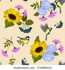 Seamless vector illustration with sunflowers,chrysanthemum and titmouse on a beige background. For decorating textiles, packaging, wallpaper.