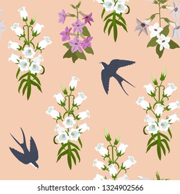Seamless vector illustration with swallow and campanula on a beige background. For decorating textiles, packaging, web design.