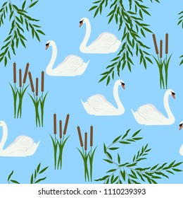Seamless vector illustration with swans on a lake, with twigs of willow and bulrush on a blue background. For decorating textiles, packaging and wallpaper.