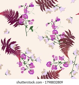 Ilustración vectorial sin foco con guisante dulce y campanula sobre un fondo beige. Para decorar textiles, embalajes, diseño web.