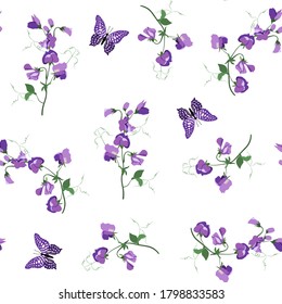 Seamless vector illustration with sweet pea and butterflies on a white background . For decorating textiles, packaging, covers, wallpaper.