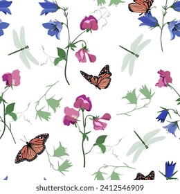 Seamless vector illustration with sweet pea, campanula, dragonflies and butterflies on a white background. For decoration textile, packaging.