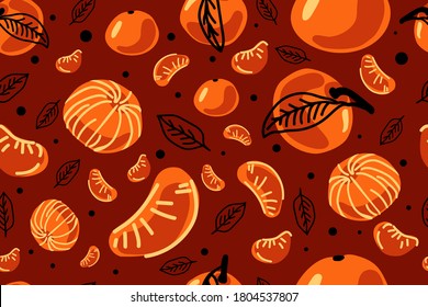 Seamless vector illustration with tangerines on a brown background. Suitable for textile, poster, printing