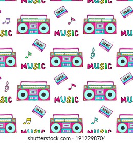Seamless vector illustration with tape recorder, cassettes and notes on a white background.