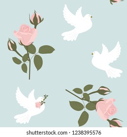 Seamless vector illustration with tender roses and doves on a blue background. For decorating textiles, packaging, covers, web designs.