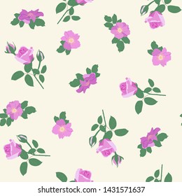 Seamless vector illustration with tender roses and rosehip flowers in pastel colors. For decoration of textiles, packaging, web design.