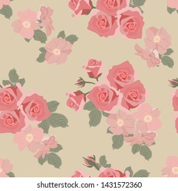 Seamless vector illustration with tender roses and rosehip flowers in pastel colors. For decoration of textiles, packaging, web design.