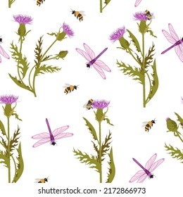 Seamless vector illustration thistle, bee and dragonflies on a white background. To decorate textiles, packaging.