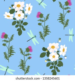 Seamless vector illustration with thistle and dragonflies on a blue background. For decorating textiles, packaging, web design.