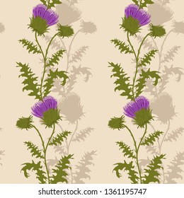 Seamless vector illustration with thistle on a beige background. For decorating textiles, packaging, web design.