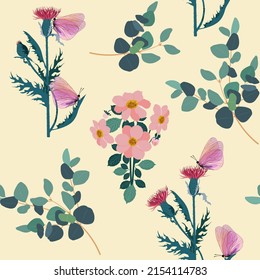 Seamless vector illustration thistle,dahlia and butterflies on a light yellow background. To decorate textiles, packaging.