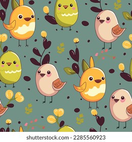 Seamless vector illustration with three cute cartoon birds surrounded by flowers and leaves. The colorful birds are arranged in a repeating pattern, and each bird is adorned with flowers and foliage.